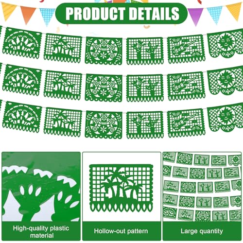 Image of VitalCozy 4 Pack 59 ft Mexican Papel Picado Banner Plastic Mexican Talavera Party Fiesta Banner Wedding Hanging Decorations for Cinco De Mayo Party Supplies (Green)