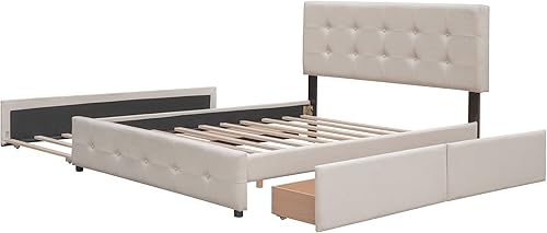 Miniatura 7 de SIYSNKSI Moderna cama de plataforma de tamaño Queen con 2 cajones y 1 nido individual XL marco de cama tapizado con listones de madera y cabecero