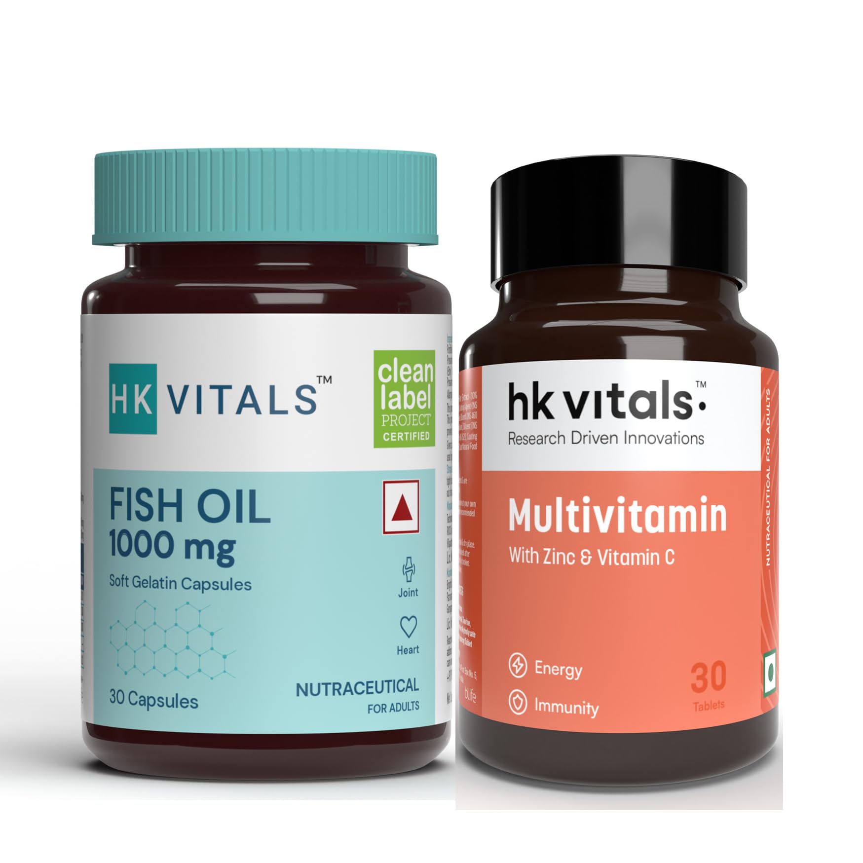 HealthKart HK Vitals Fish Oil and Multivitamin Combo, 30 Omega 3 Fish Oil Capsules (1000 mg Omega 3 with 180 mg EPA & 120 mg DHA) & 30 Multivitamin Tablets | Enhances Energy, Immunity & Joints Health