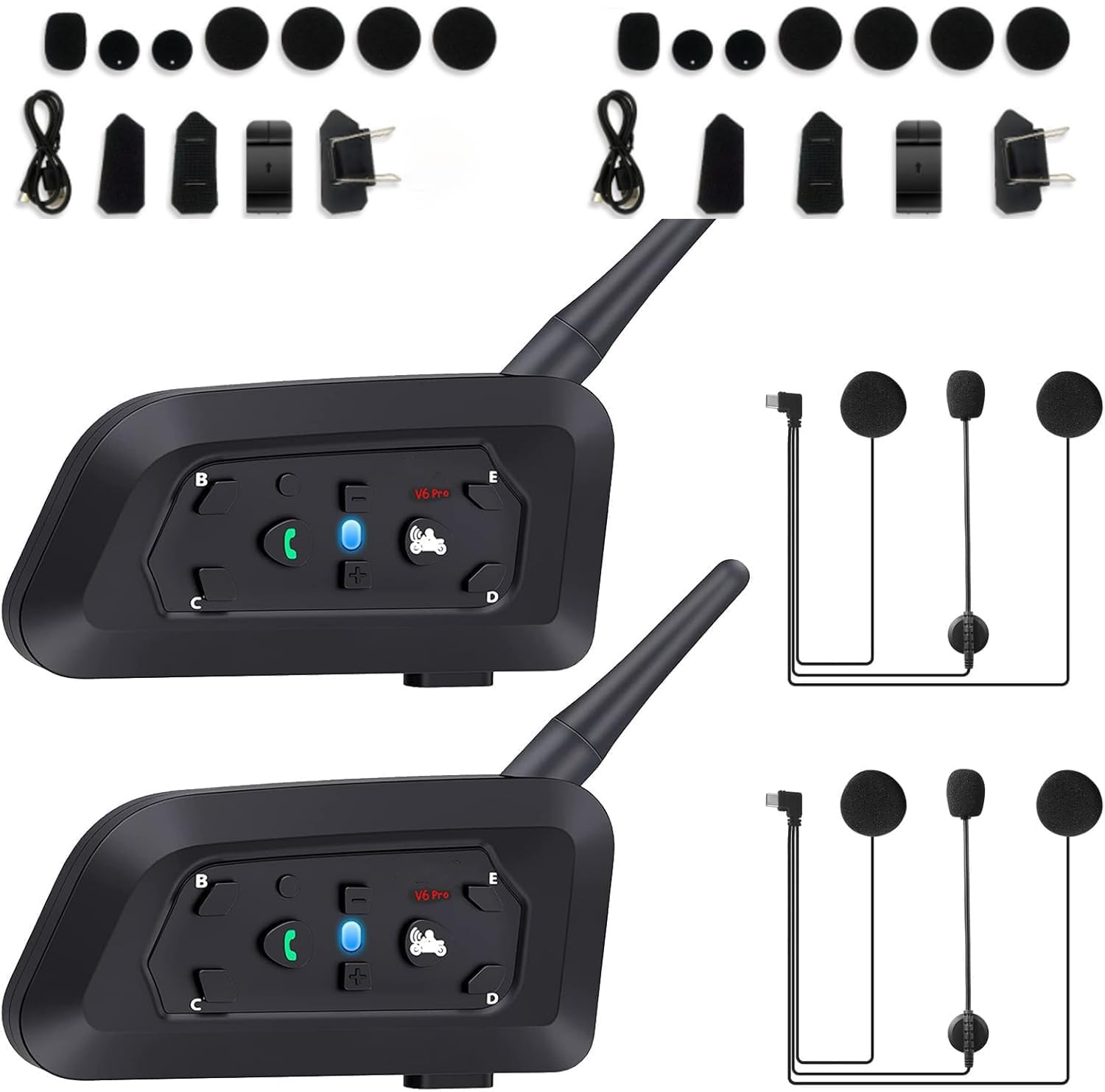 3Clock V6 Pro Motorcycle Helmet Bluetooth Intercom Headset 2 People IntercomWireless Motorbike Interphone Connect Up to 6 Riders Auto-Answering Call for Motorcycling Skiing and Climbing (2 Pack)