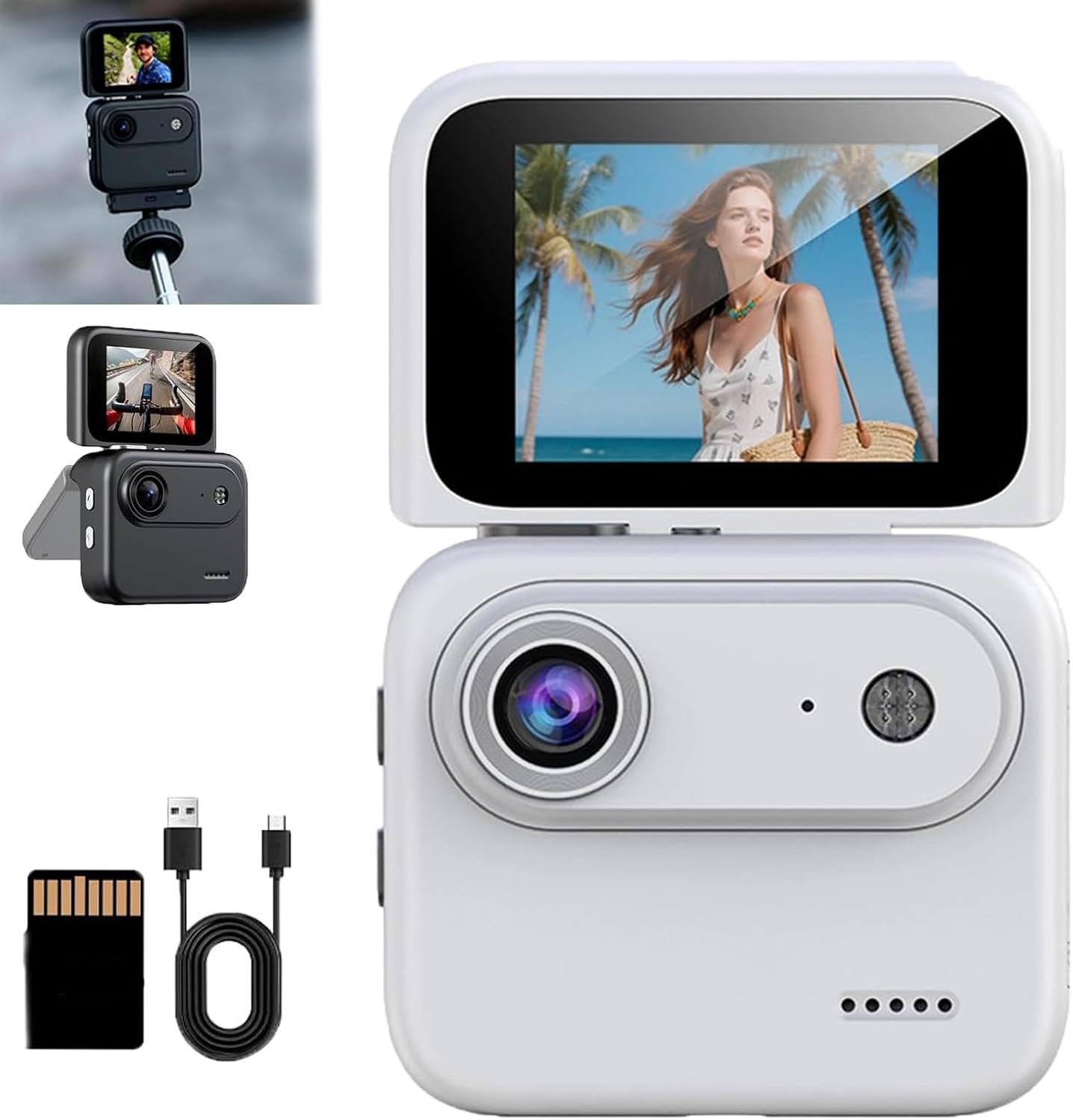 Multi-Functional Flip Screen Action Camera, 4K 360° Panorama with Image Stabilization, Universal 1/4" Multi-Functional Flip Screen, for Vlogging Cycling, Skydiving (White,32G)