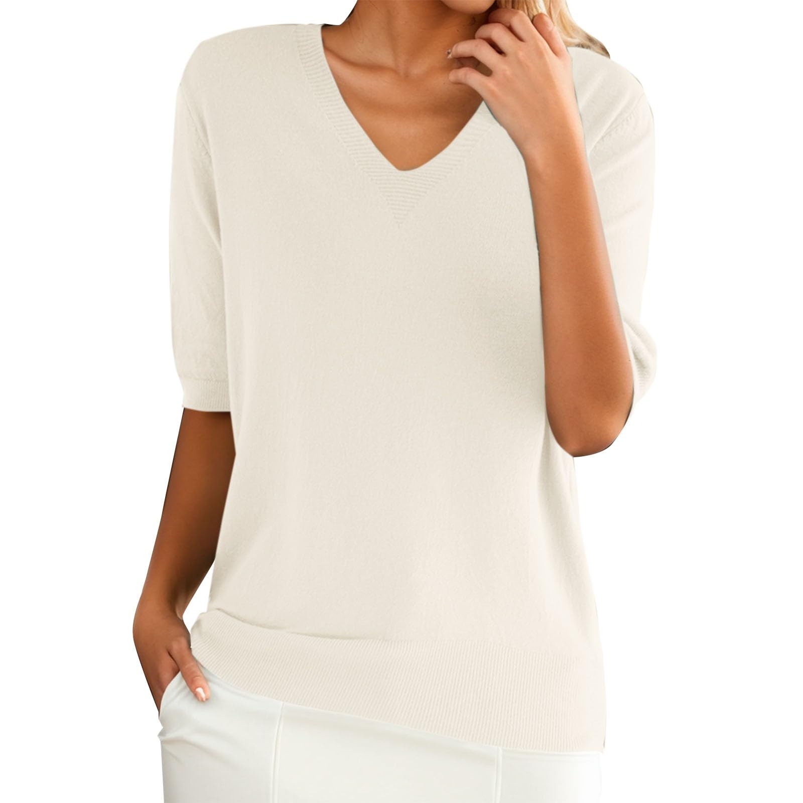 HUIFUAO dzianinowe swetry dla kobiet UK plus size sweter z krótkim rękawem dekolt w serek podstawowy elegancki sweter lekkie topy bluzy