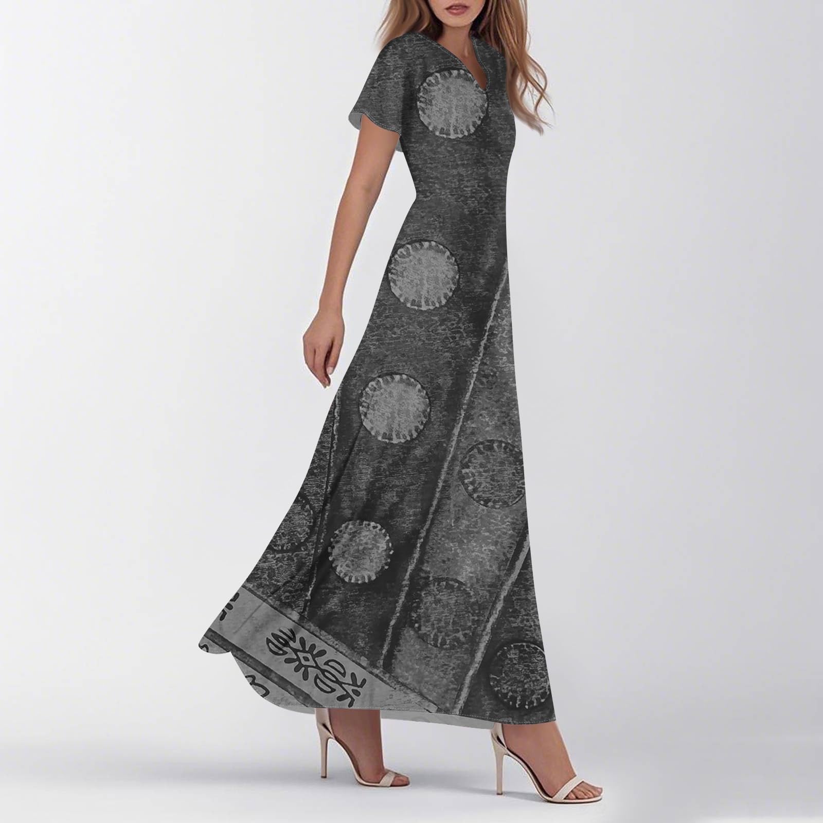 Robe Grande Taille Femme Manche Courte Imprimé Comfy Col V Robe Scolaire Été A-Line Dress Randonnée Confortable Vêtement de Rue