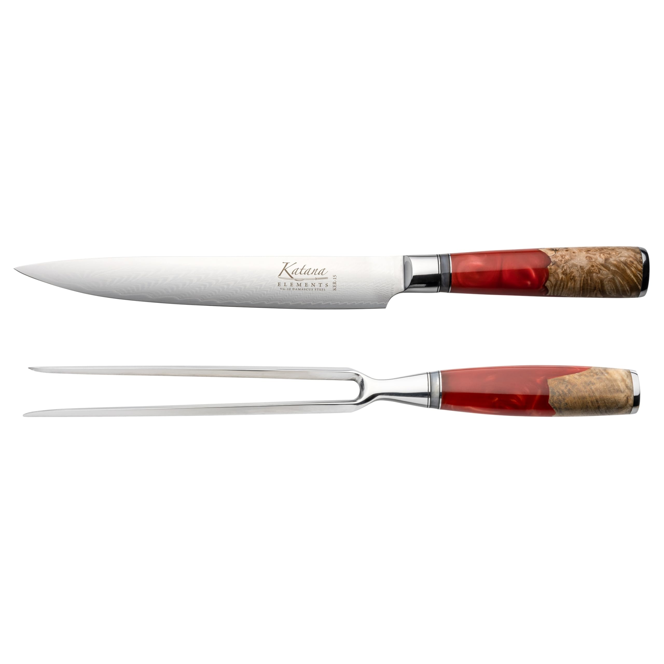 Elements 2 Piece Carving Set, Volcanic Red, Carving Knife and Carving Fork, 67-Layer VG-10 Damascus Stainless Steel, Natural Olivewood and Resin Handle