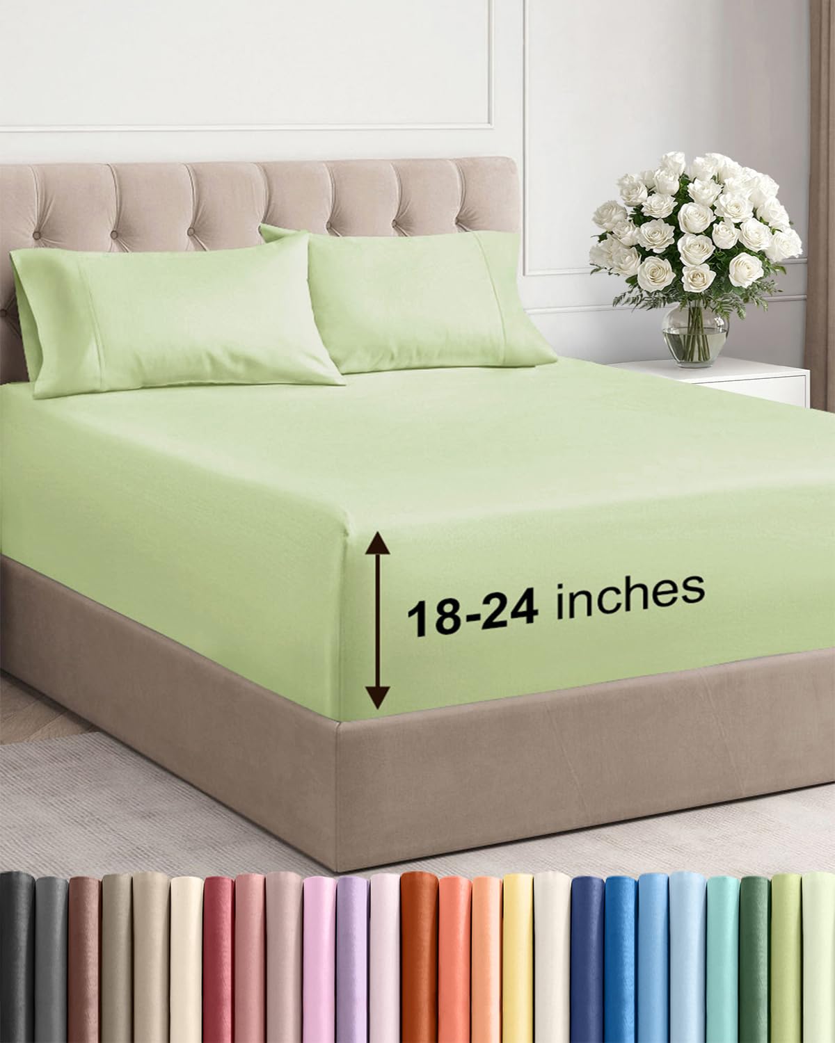extra deep queen sheet set - 4 piece breathable & cooling bed sheets - easily fits 18 to 24 inch mattress - soft, wrinkle & fade free w/ extra deep pockets - hotel luxury bedding - light sage green