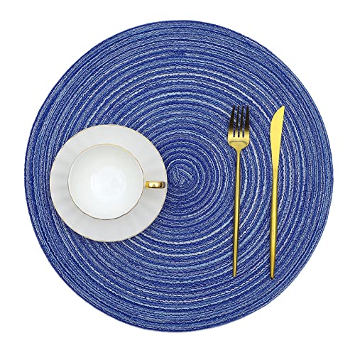 Image of SHACOS Round Braided Placemats Set of 8 Round Table Mats for Dining Tables Washable Fabric Kitchen Table Place Mats (Blue White, 8)