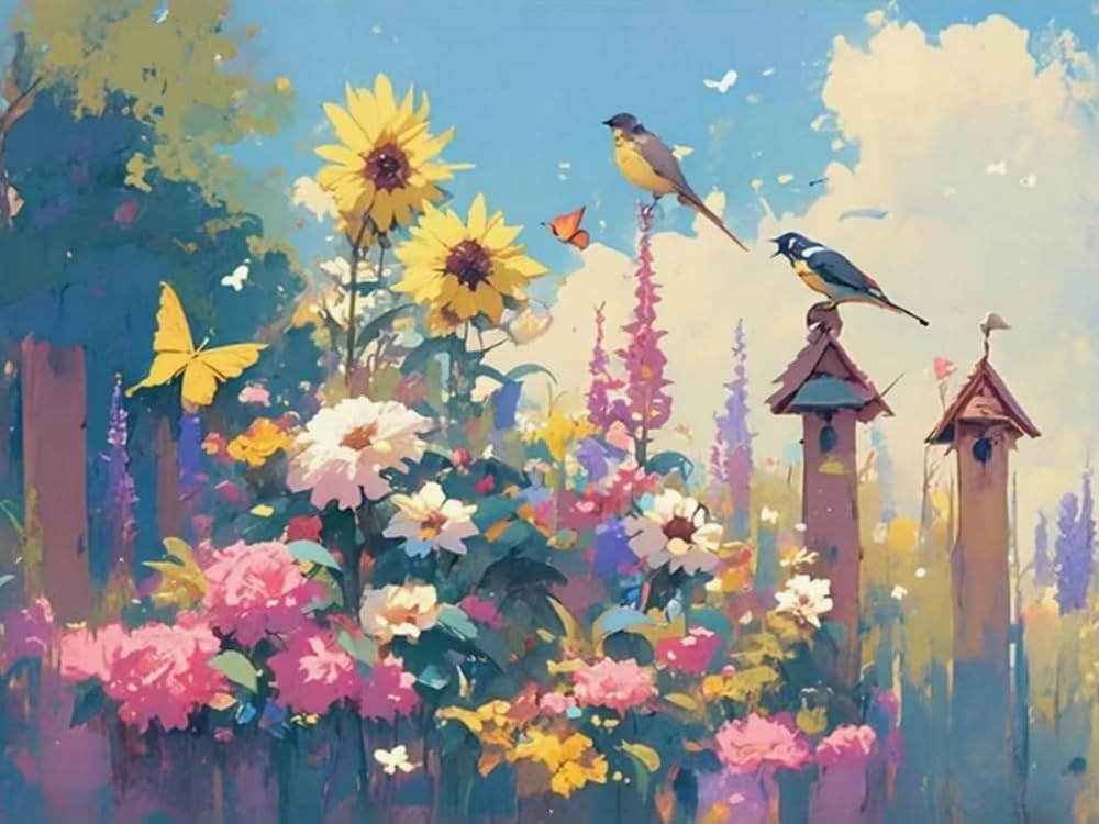 Brennora 5D Diamond Painting Kits Full Drill Round Gem Bird on a Flowery Fence DIY Arts and Crafts Home Wall Decor Gift 40x50cm