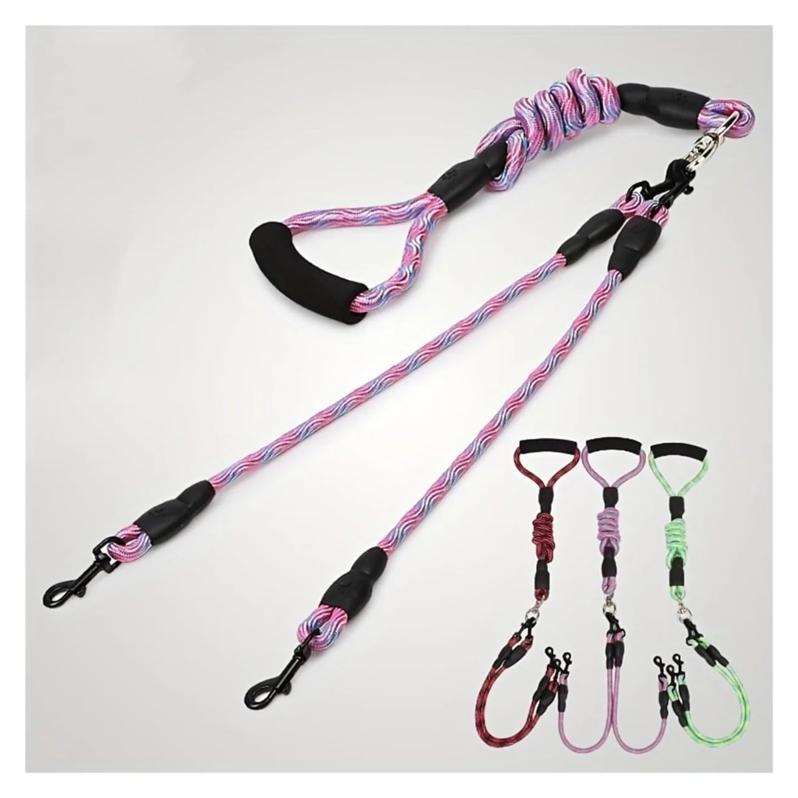 Laisse for Chien à Double tête, Motif ondulé, Anti-enroulement, détachable, Une traînée, Deux Cordes de Traction for Animaux Compagnie(Pink,E-1pcs)