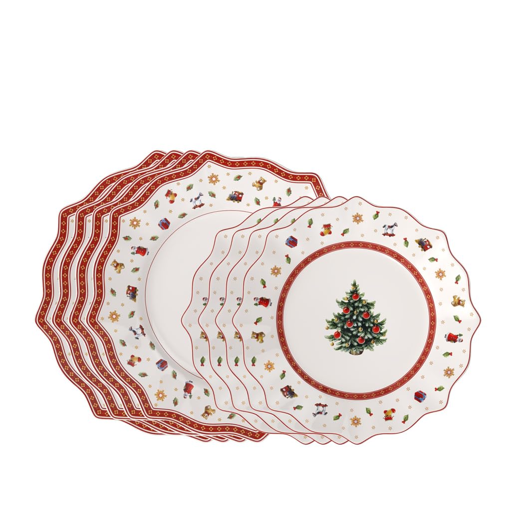 Toy's Delight 8 Piece Plate Set | Multicolor porcelain plate set, microwave safe but hand wash recommended, sets a festive Christmas table for four