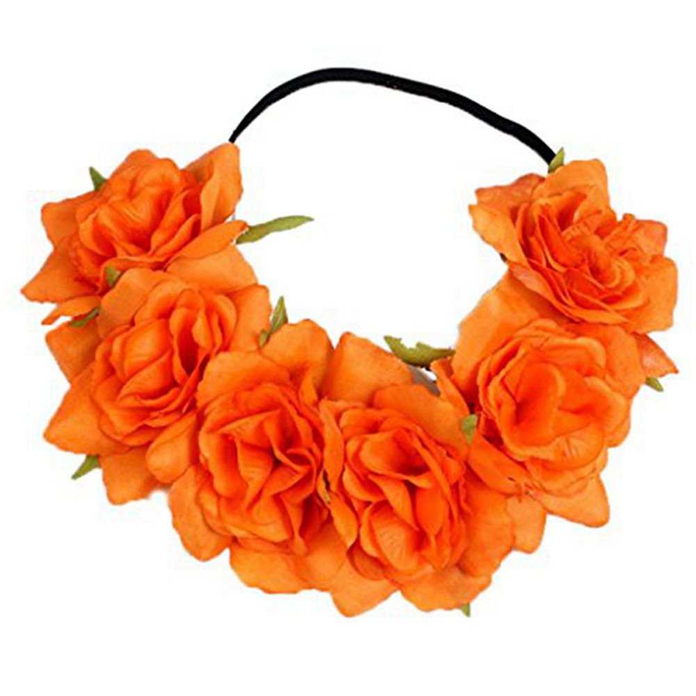 Flower Headband Floral Crown Wreath Elastic Flowers Hair Band Headwear Accessories NFH03, Orange, One Size