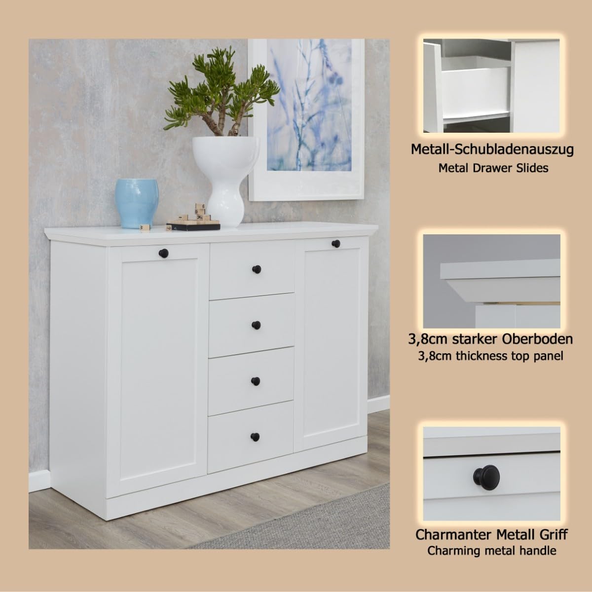 trendteam smart living - Baxter - Sideboard - Weiß Matt - Kommode - Schrank - (BxHxT) 119 x 88 x 41 cm - Landhausstil - Schwarze Metallgriffe - Vollauszug Schubladen - Sockel