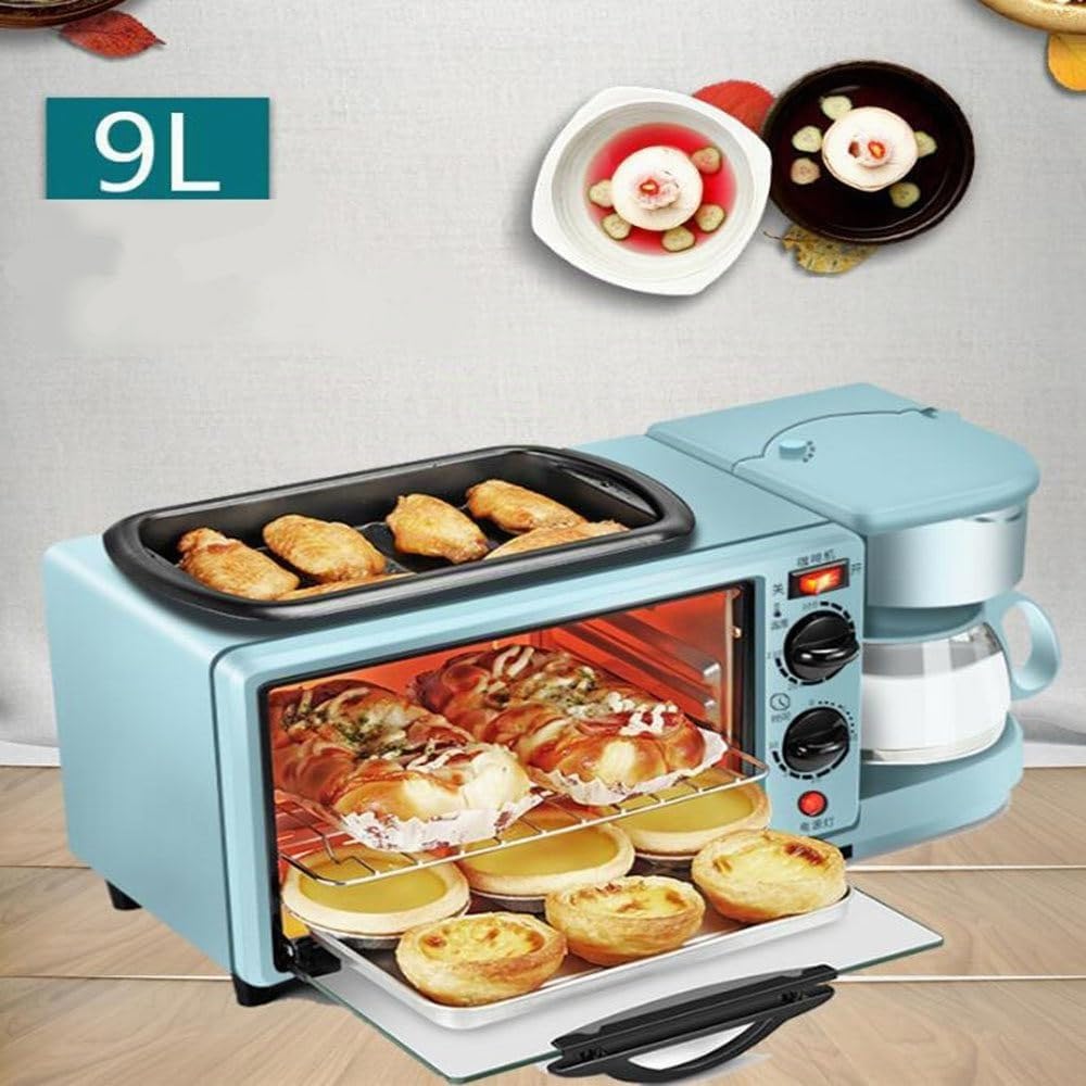 Estación for hacer desayuno 3 en 1, máquina de desayuno multifunción con horno eléctrico tostador de 9 litros, cafetera de 600 ml, sartén antiadherente, sandwichera de huevo, control de temperatura (