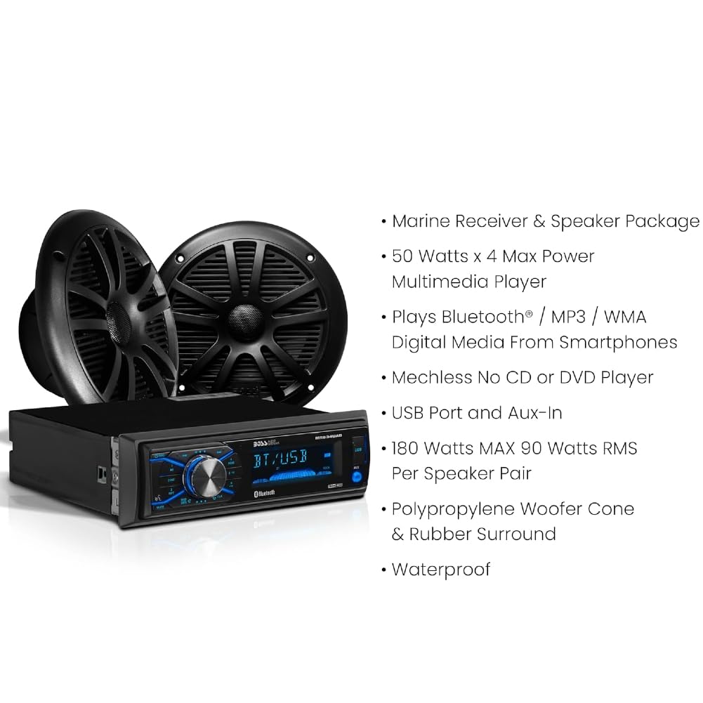 ZESTAW DO BOSS AUDIO SYSTEMS MCBK634B.6, 1 zestaw z wodoodpornym stereo AM/FM Bluetooth, 1 para głośników i 1 antena dipolowa, 1 zestaw + akcesoria gratis