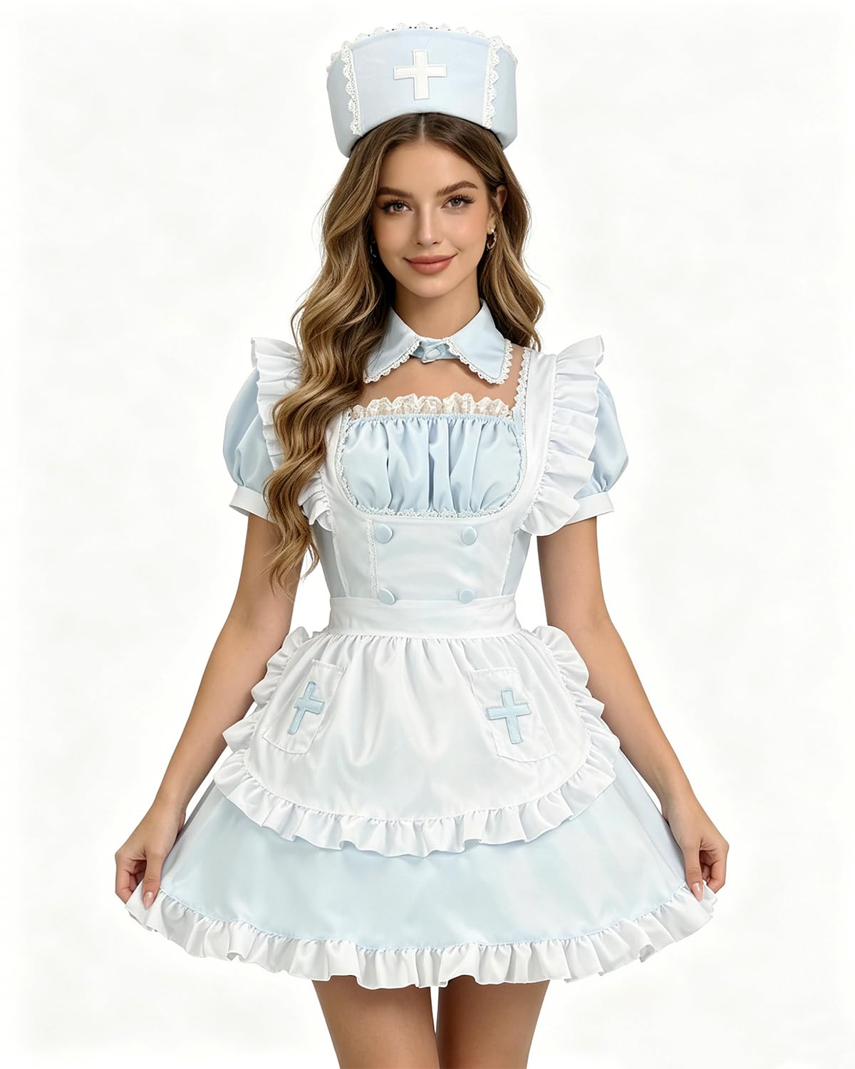 CR ROLECOS Maid Outfit for Women Blue White Nurse Maid Dress with Apron Hat 4-Piece Lolita Cosplay Plus Size Maid Costume S — image 1