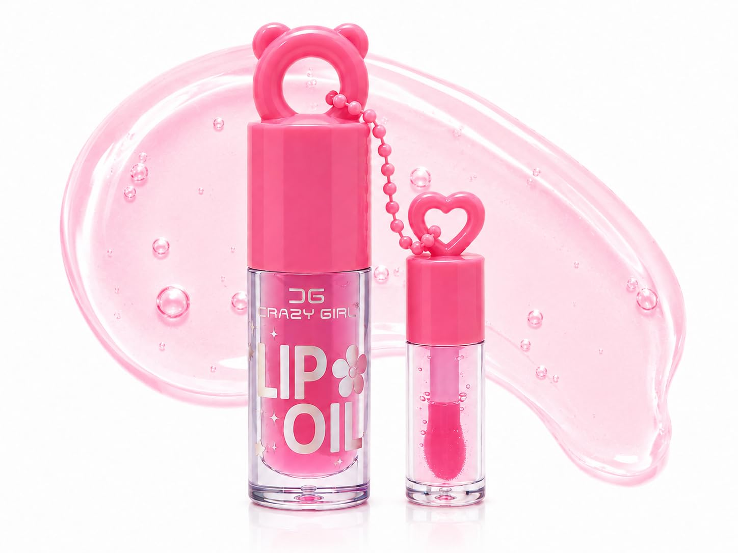 crazy girl 2 in 1 lip gloss & oil keychain charm, cute mini portable lip care with glossy shine, lightweight non-sticky gloss for girls & women, pink