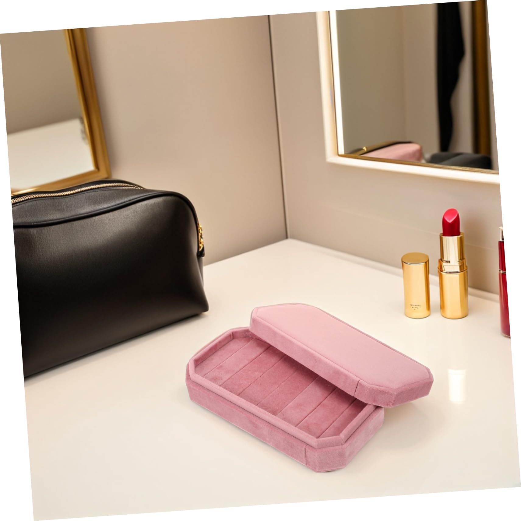 Gatuida Caja Pequeña para Joyas Rosa Organizador Octogonal de Terciopelo con Tapa Estuche Portátil para Almacenamiento y Protección de Anillos y Pendientes