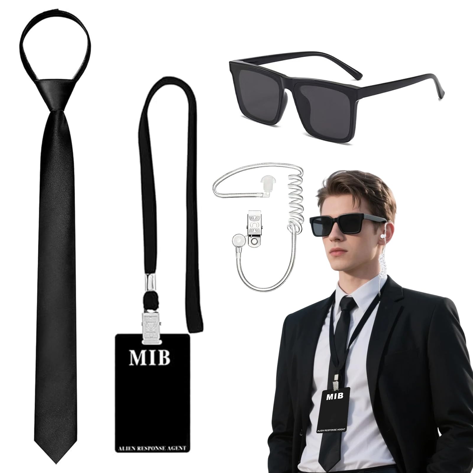 Agent Costume Accessories Set, Secret Agent Fancy Dress Kit, Secret Agents Costume with Black Sunglasses Zip Tie Earpiece Id Card and Black Lanyard for Adults Halloween Cosplay Carnival Dress Up Party
