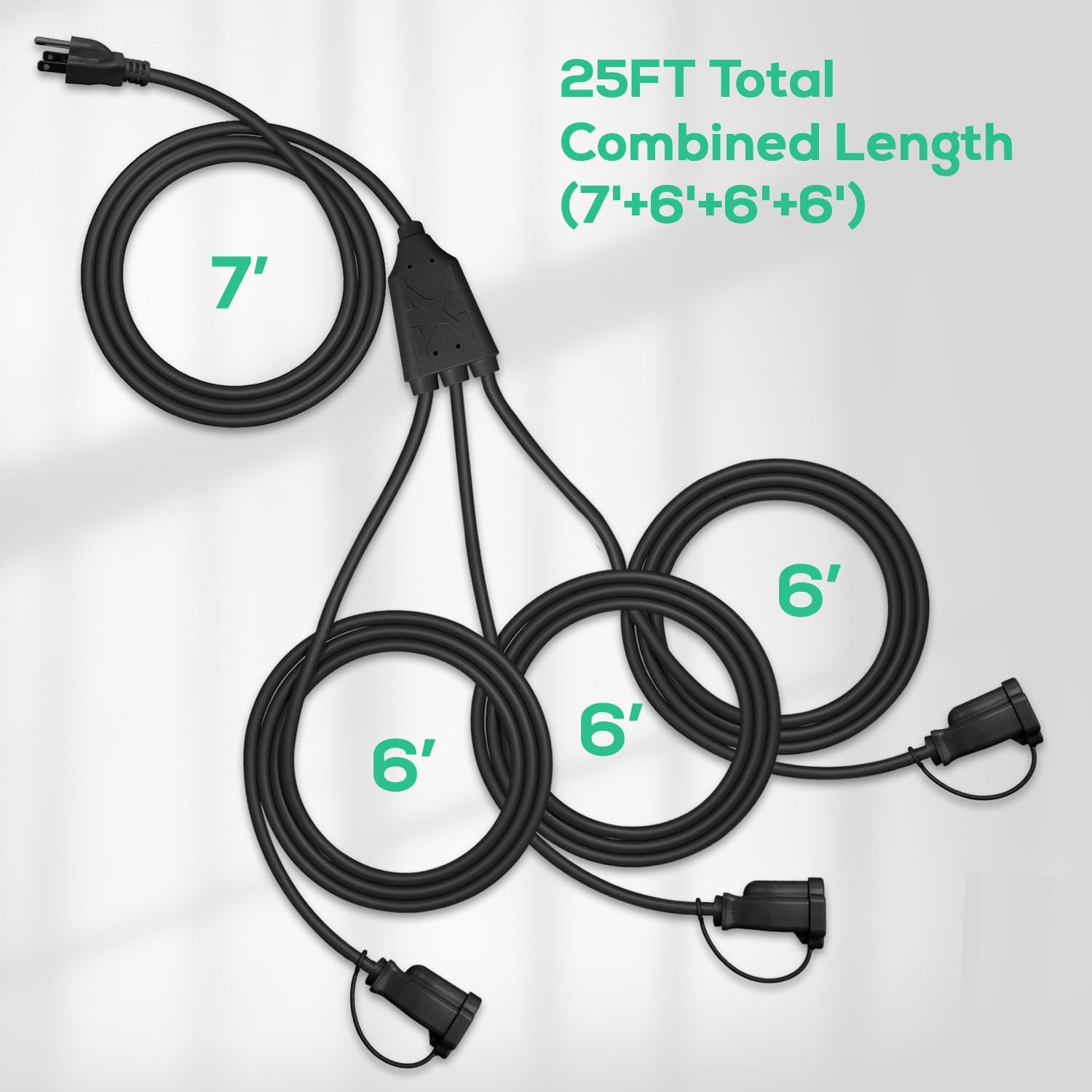 Banord Extension Cord 1 to 3 Splitter, Max 13FT End to End (25FT Total), with 3 Weatherproof Covers for Indoor and Outdoor, 16/3 SJTW Weatherproof Wire for Holiday Decoration Light, UL Listed, Black