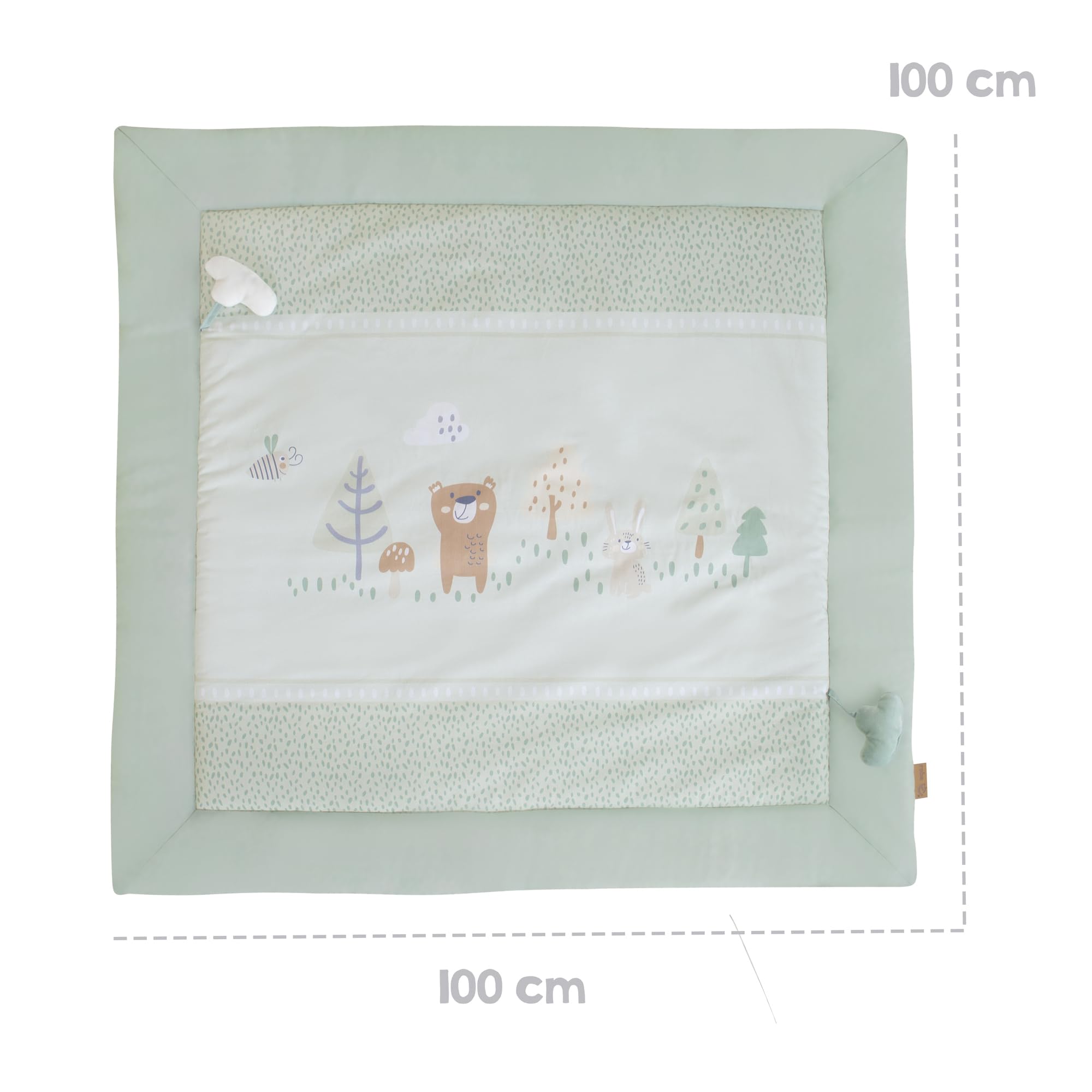 roba Tapis de Jeu Woodland Buddies 100 x 100 cm - Rembourrage Doux - Tapis d’Éveil Bébé dès la Naissance - Surface en Coton - avec Appliqués Nuages & Motif Forêt - Vert Pastel