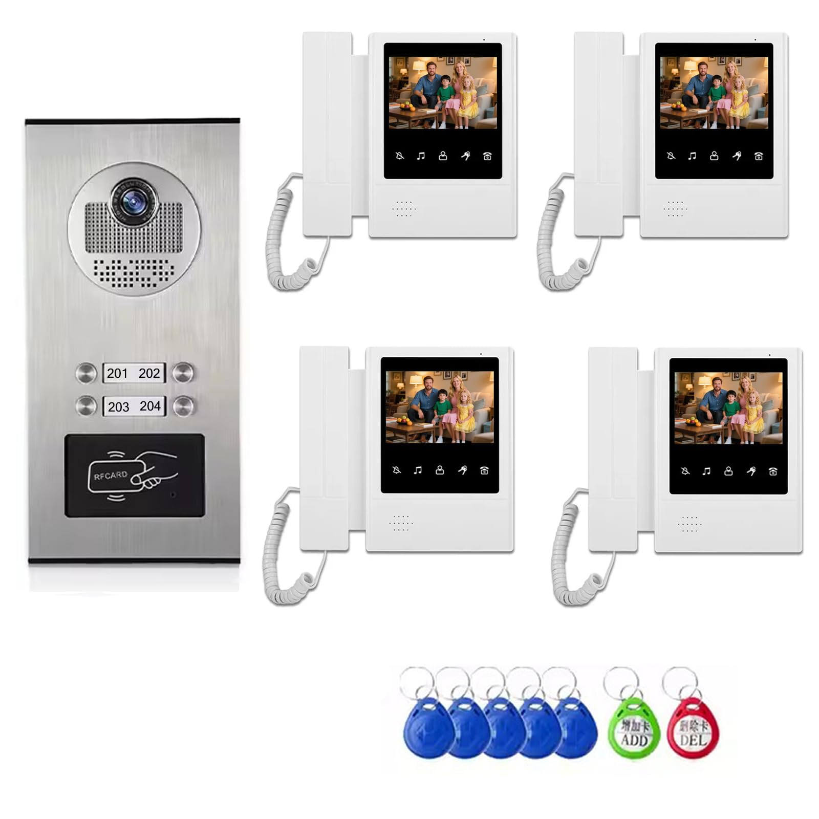 Sistema de videoportero para apartamentos, unidades familiares de 2-12 Monitore de 4,3 pulgadas Kit de videoportero con cable,timbre con vídeo para interior y exterior (Para 4 familias)