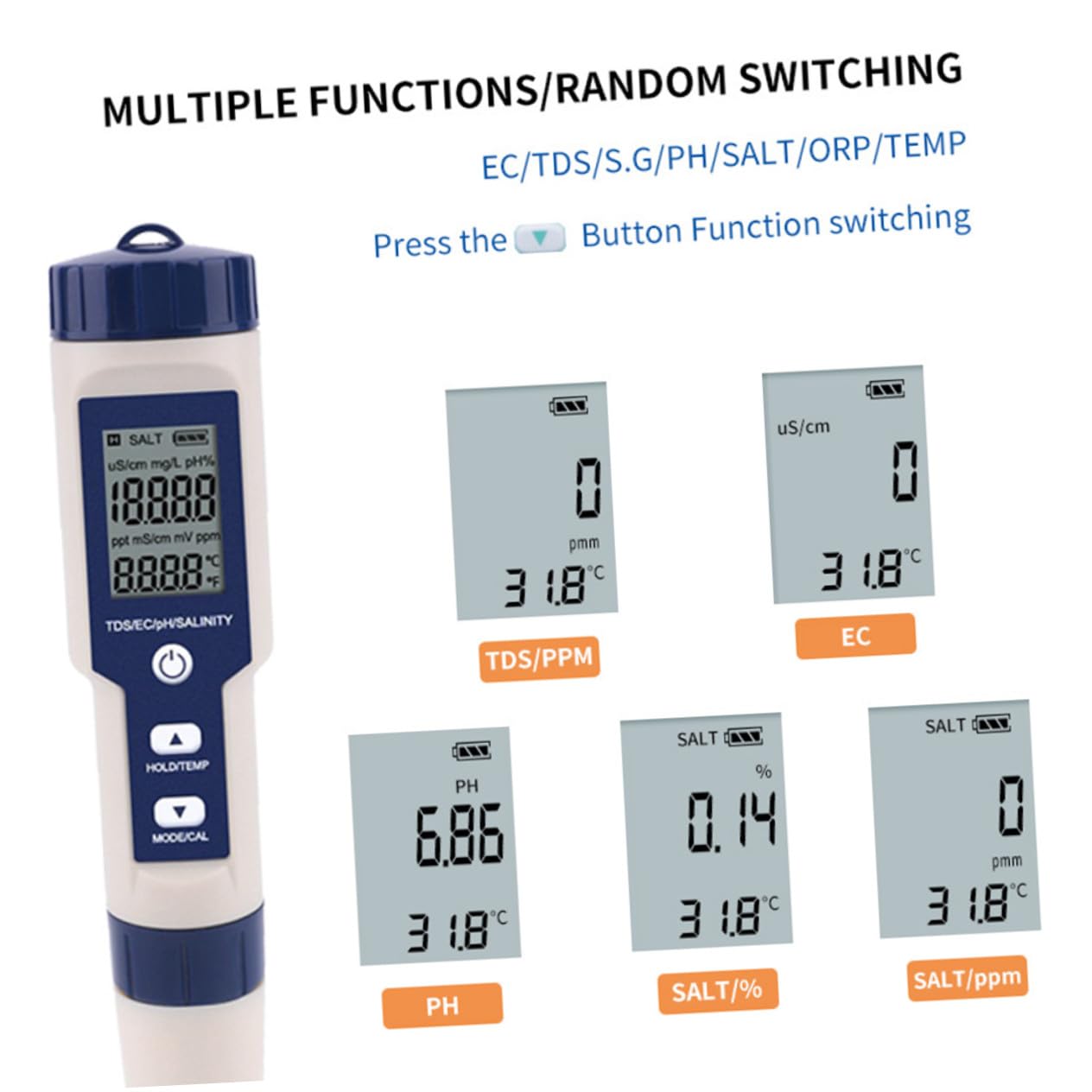 Sosoport Tester Digitale Salinità per Acqua Marina e Acquario | Misura Ec, Ph e Temperatura, Design Lcd Unico, 3 Batterie Lr44 Incluse