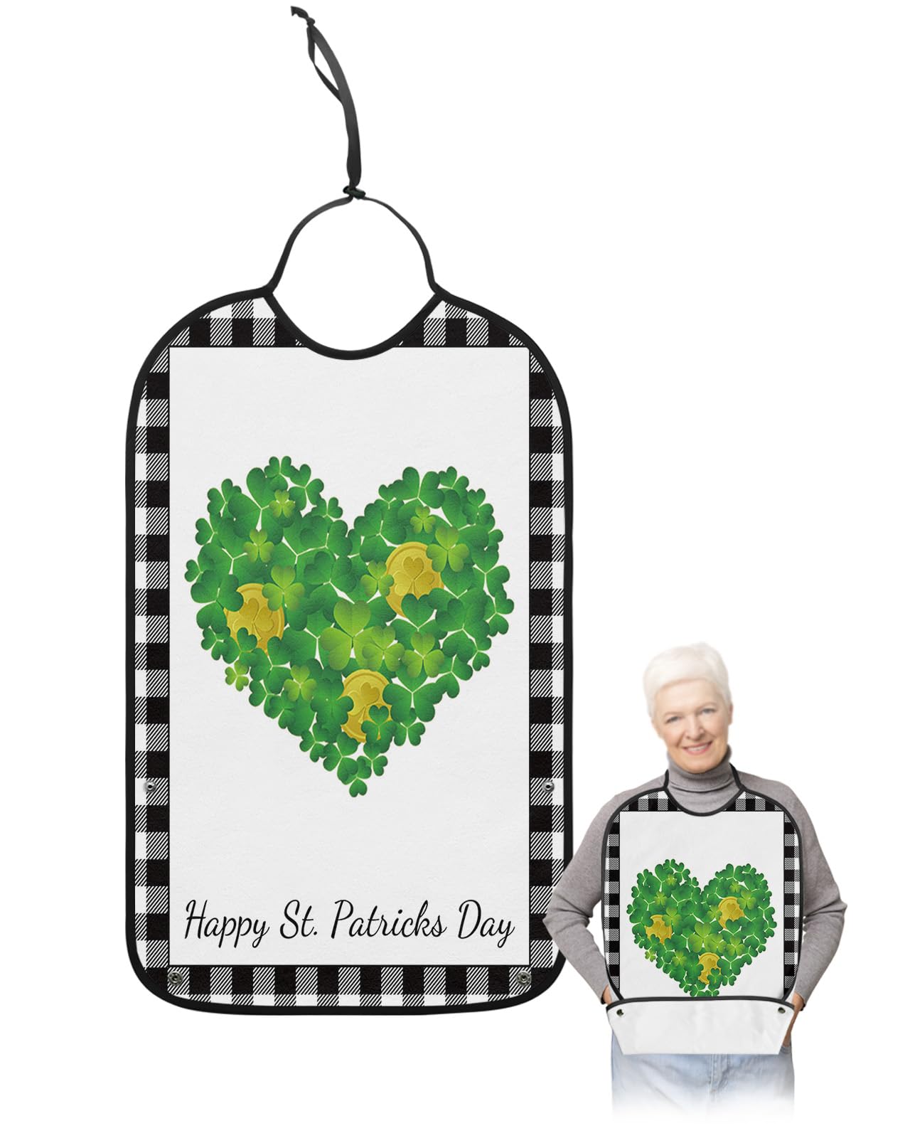 St. Patrick's Day Adult Bibs for Eating, Waterproof Bibs with Food Catcher & Adjustable Snap Closure, Black White Checkered Green Love Heart Clover Gold Clothing Protectors Adult Bibs for Elderly