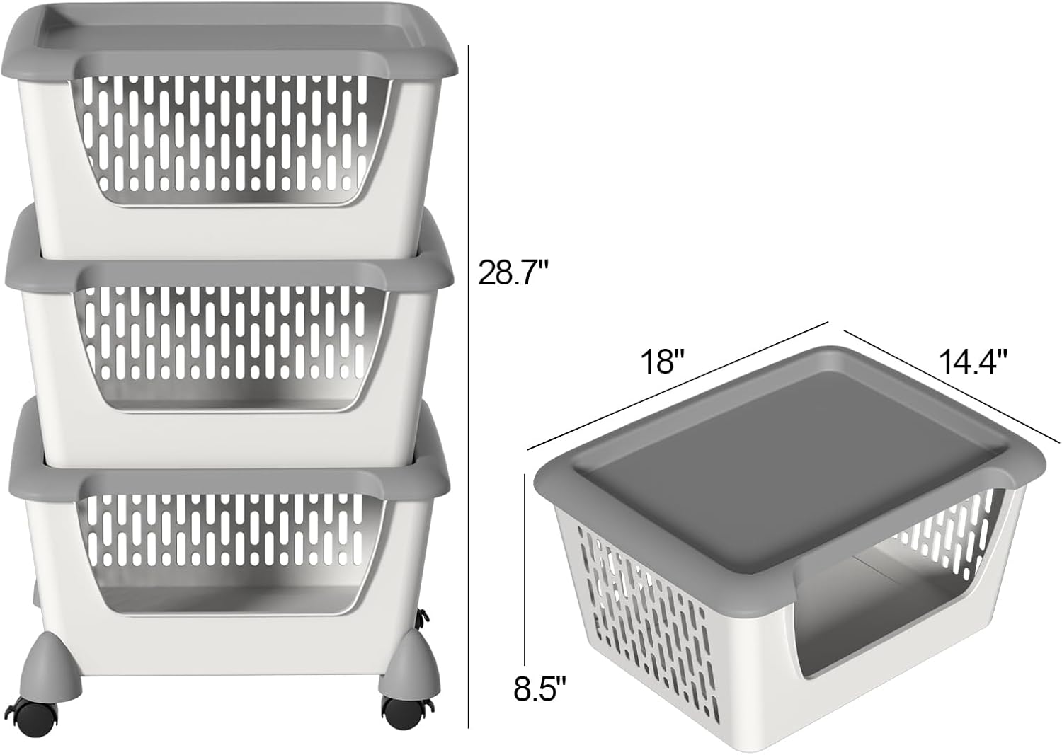 Gray Plastic Stacking Organizer Basket with Wheels, 3-Tier Multi-function Stackable Storage Basket