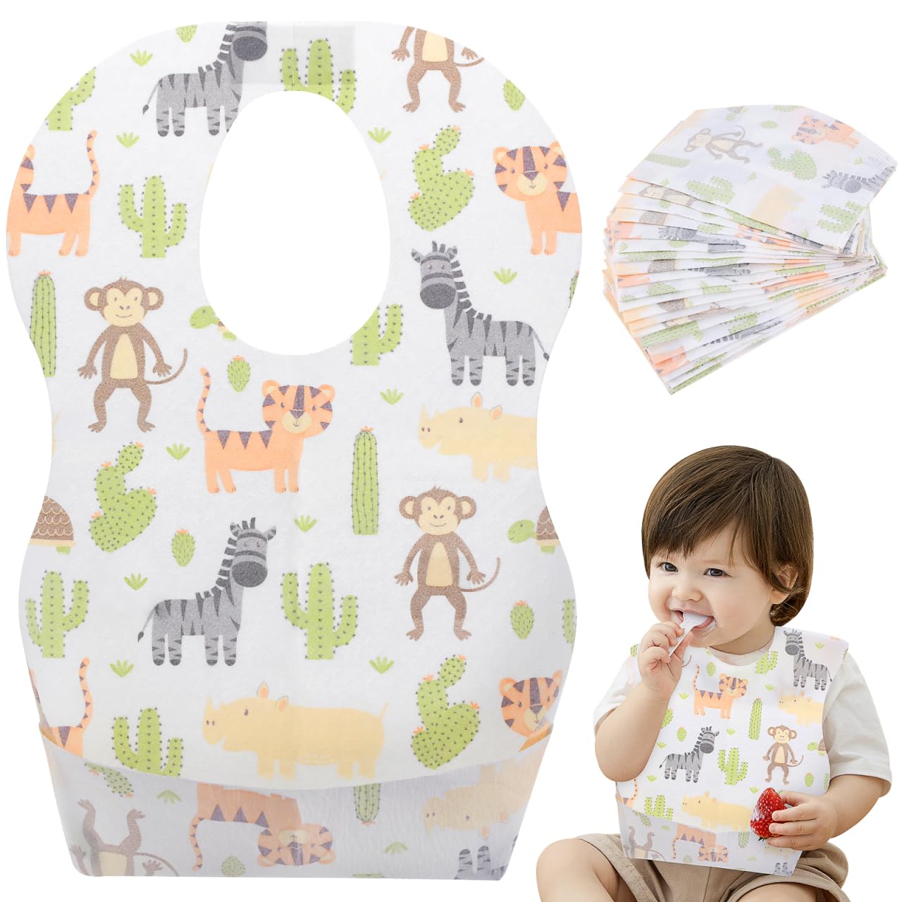 Artibetter Disposable Bibs 20-Pack, Baby Weaning Bibs with Food Catcher - Pocket Adjustable Travel Pack for Newborn Infant Baby Toddlers