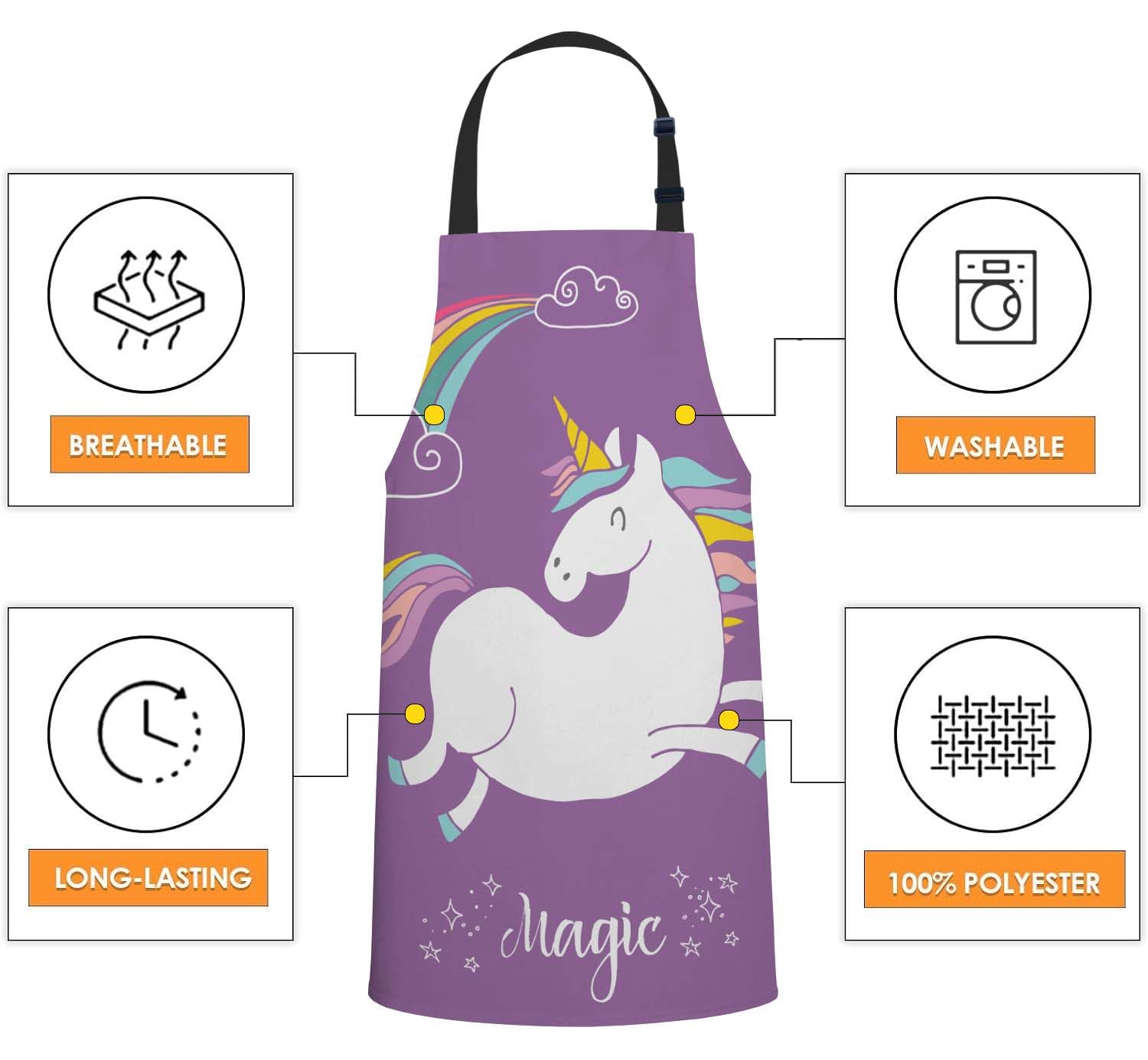 Smooffly Cute Magic Unicorn and Rainbow Apron,Adjustable Neck Bib Apron for Men Women,Suitable for Kitchen Cooking Waitress Chef Apron - Image 4