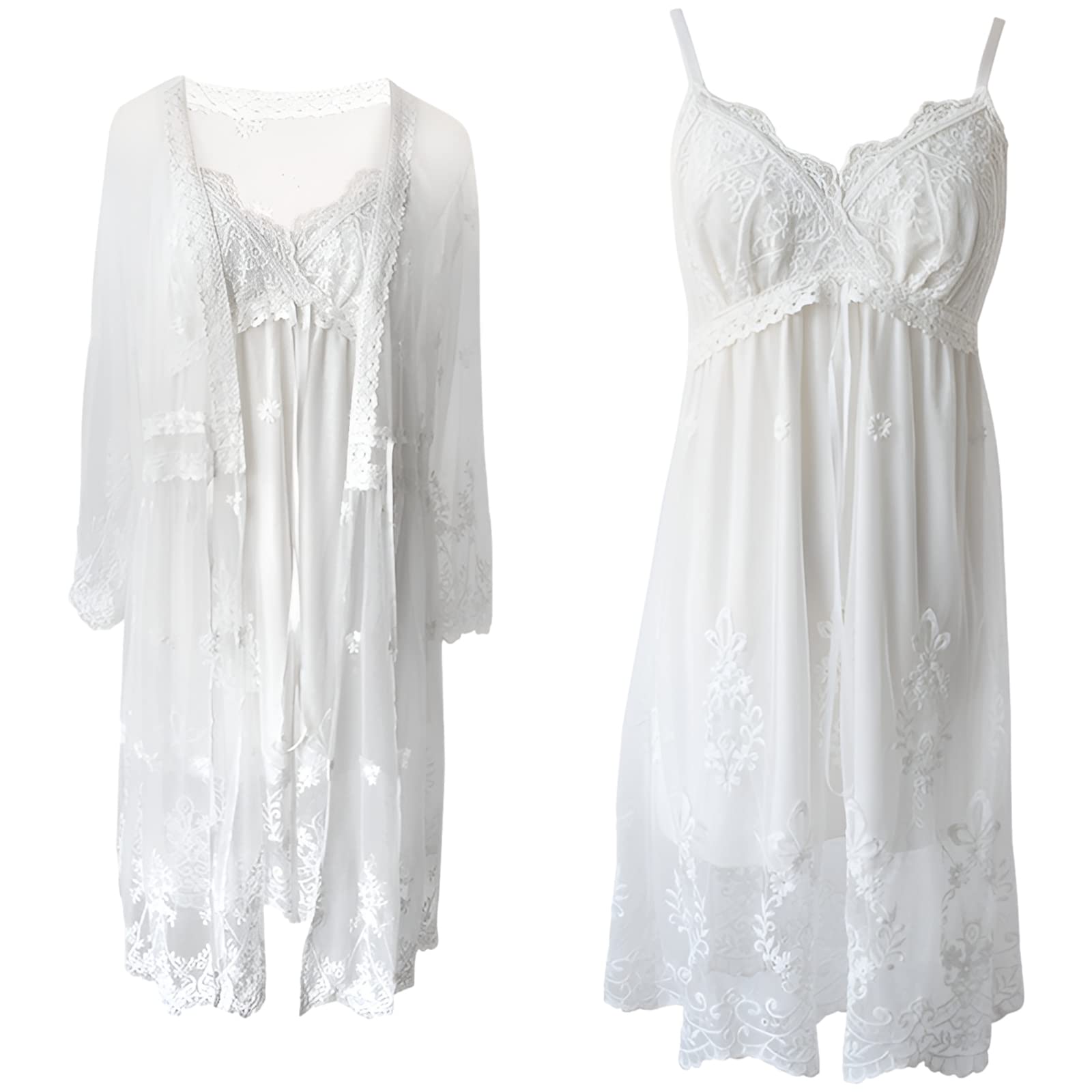 Donna 2 Pezzi retrò Set di Camicia da Notte con Scollo a V e con Cinturino Regolabili e Vestaglia Elegante Abbigliamento da Notte per Sposa Nozze Festa & Loungewear