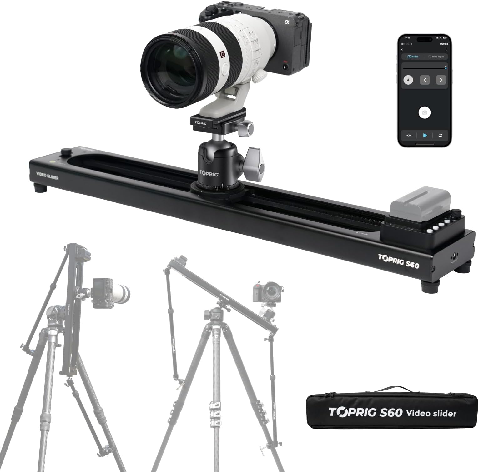 Toprig 60 cm Camera Slider Motorised Video Sledge - Electric Video Slider with App & Button Control, Time Lapse, Loop Mode, Speed Control, 120° Panorama - for Camera, DSLR, Smartphone