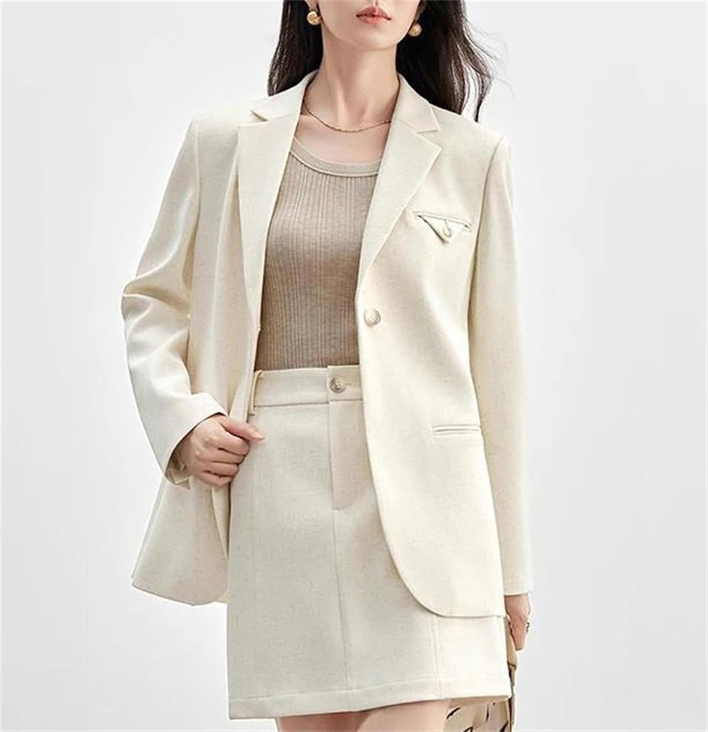 Women’S Skirt Suits Linen Blend Shoulder Pads Blazer Solid Elegant Skirts Two Piece Sets Blazer and Skirt Set