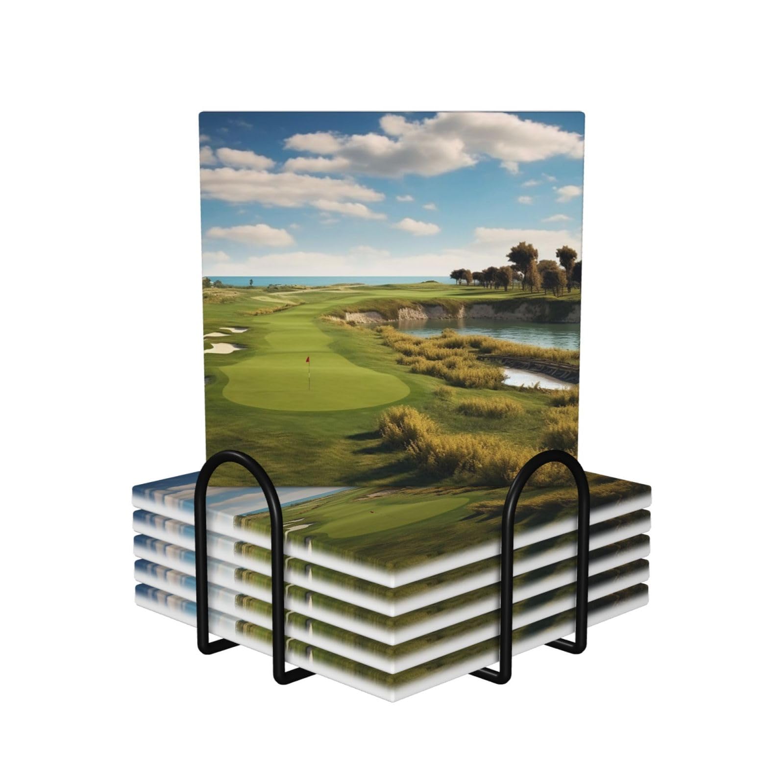 Drink Coasters Set of 6 Non-Slip Ceramic Coasters with Holder Golf Course Coasters for Drinks Tabletop Protection Cups Mugs Mat Pads for Coffee Table Bar Home Decor