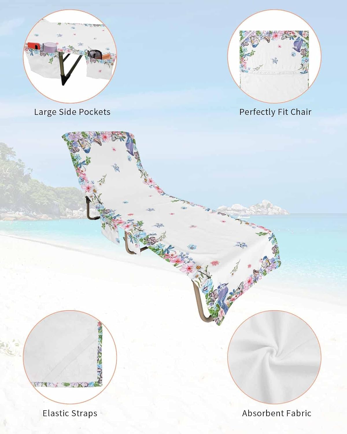 Watercolor Flowers Beach Pool Patio Lounge Chaise Chair Cover Towel With Pockets,Absorbent & Quick Dry Microfiber Towel Cover Bag Summer Accessories for Sunbathing Chrysanthemum Plant Dragonfly Bird