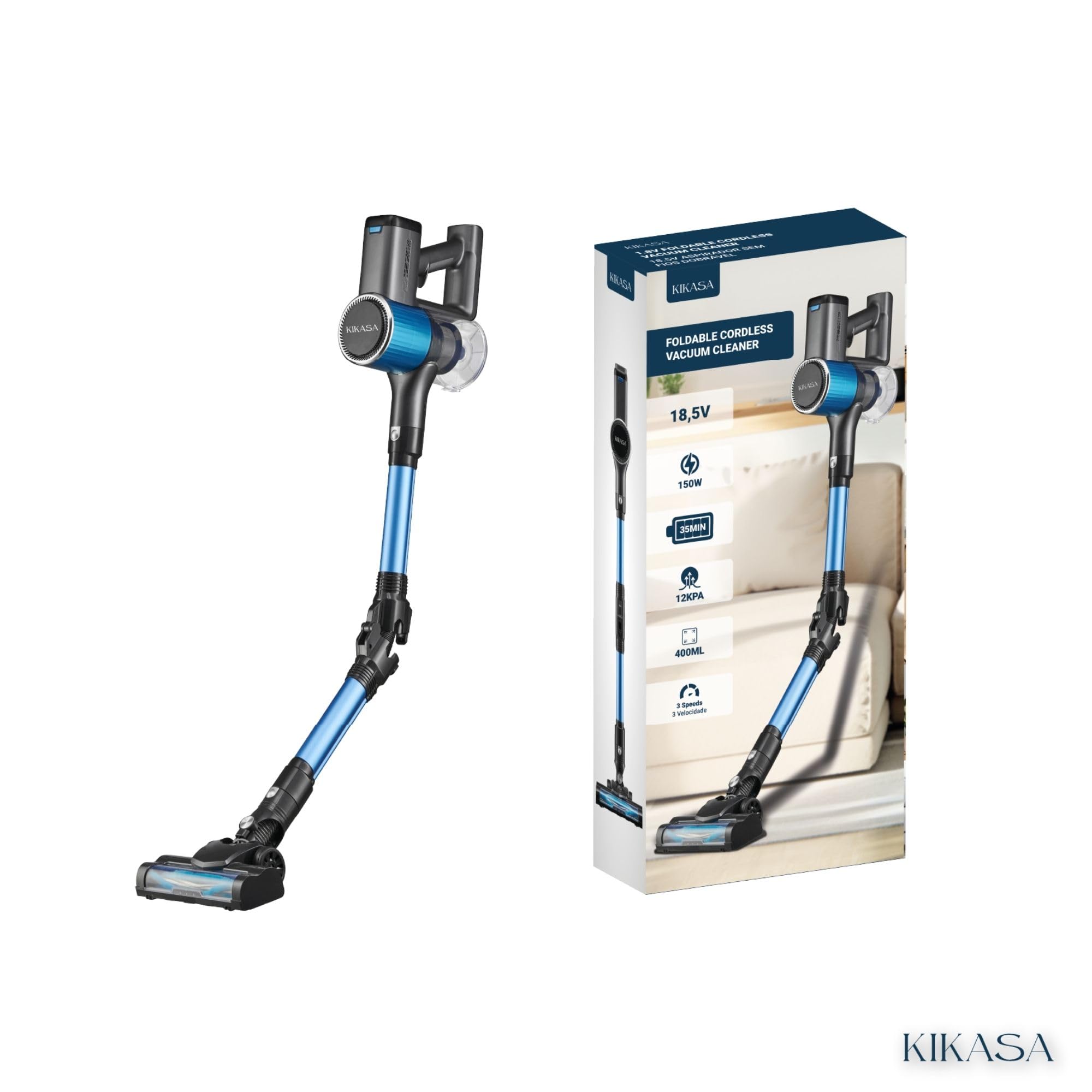 Kikasa Aspiradora Vertical Sin Cables 18.5V Plegable, 150W Potente, 3 Velocidades, Filtro HEPA, Cepillo con Luz LED y Depósito de 400 ml, hasta 35 min de Autonomía