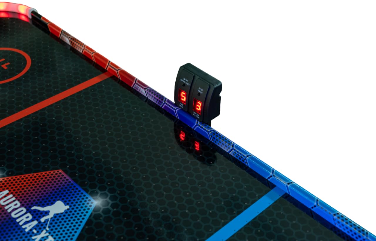 Carromco Aurora-XT Grande Table de Jeu pour Enfants/Adultes avec air 131 x 62 x 79 cm, pour 2 Joueurs à partir de 7 Ans, avec poussoirs et palets de Hockey sur air à LED
