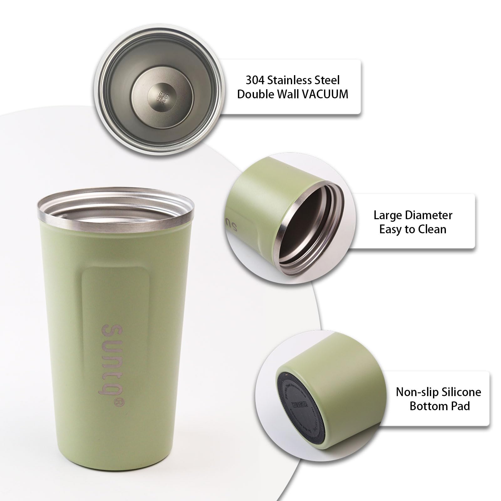 SUNTQ Reusable Travel Mug - Stainless Steel Insulated Cup - Leakproof Lid for Hot & Cold Drinks, 18oz, Sage Green - Image 2
