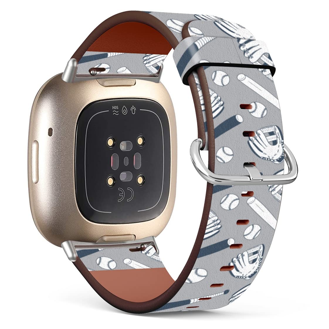 Mingdao Compatible with Fitbit Sense 2 / Sense/Versa 4 / Versa 3 Patterned Leather Replacement Band (Cartoon Illustration Baseball Doodle)