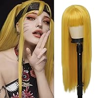 Vista 14 de Peluca larga blanca y lacia para mujer con flequillo plano, cabello sintético de aspecto natural, para Halloween, cosplay y uso diario con gorro