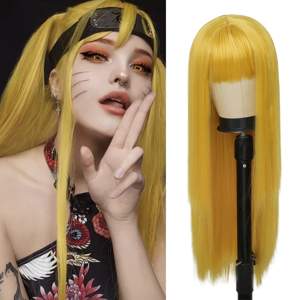 Tseses Yellow Long Straight Wig with Bangs for Women Cosplay Halloween Party Daily Hair Wigs Heat Resistant Synthetic Halloween Wig