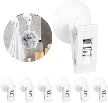 ASTER 6Pcs Shower Curtain Clips with Suction Cup, Multiple Purpose Round Suction Cup Bathroom Clips with Water Guard, Windproof Splash Guard, Shower Curtain Holders for Inside Shower
