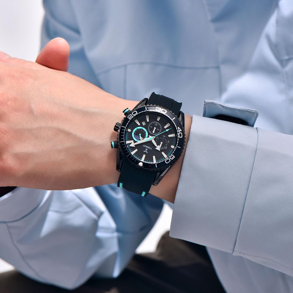 TYBERLEY Orologio da polso vintage da uomo, al quarzo, cronografo, con fasi lunari, cinturino in gomma, impermeabile, luminoso, casual, sportivo