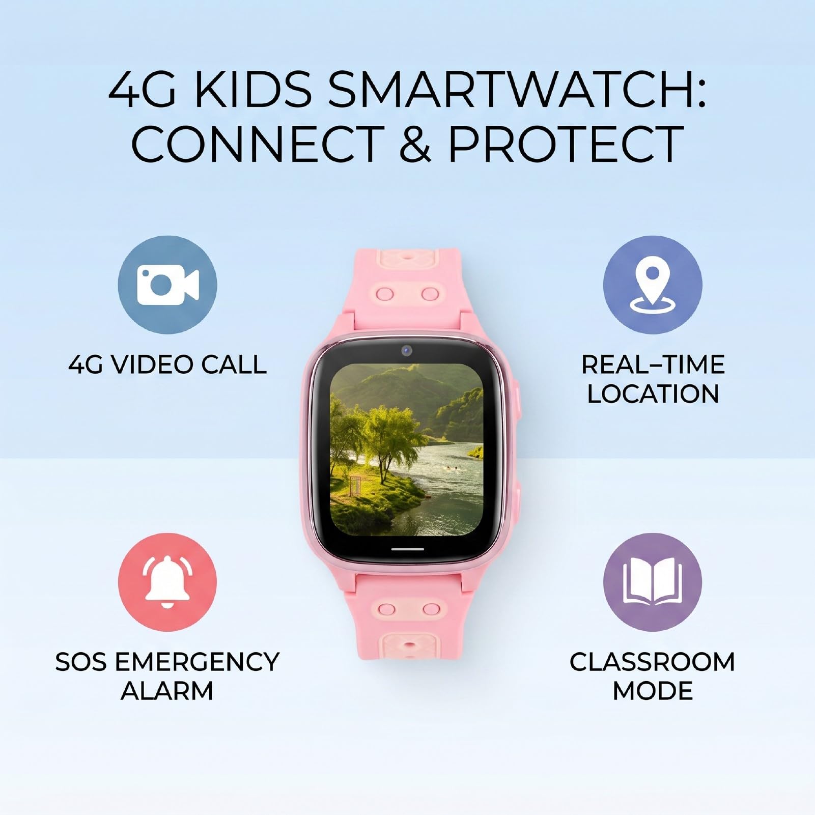 Tosuny Smartwatch per Bambini 4G LTE con Posizione LBS e Fotocamera da 8 MP (PINK) | Chiamate video e vocali, allarme SOS, touch screen da 1,83", controllo genitori, modalità aula, resistente all'acqua IPX7