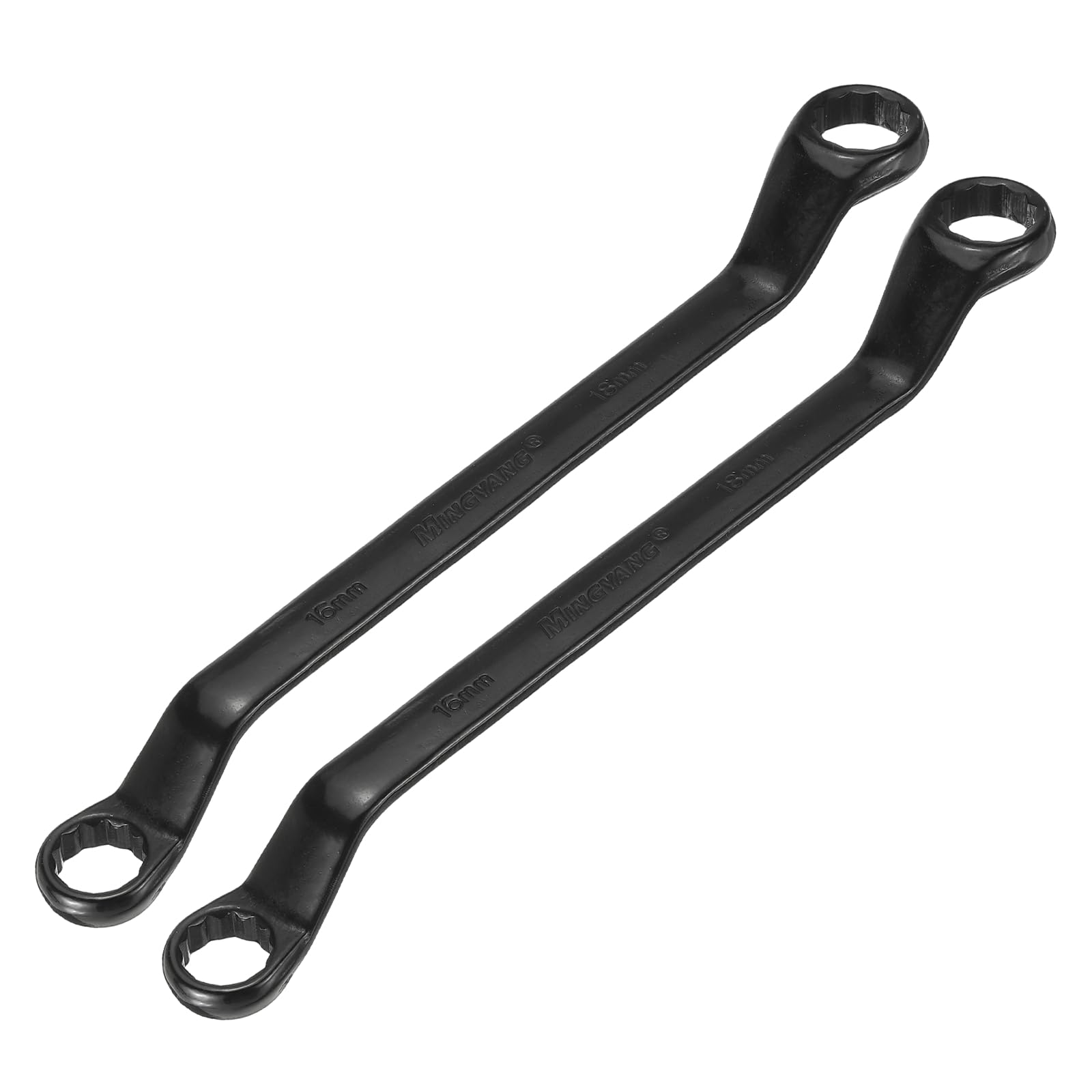 sourcing map 2pcs 45 Degree Offset Box End Wrench 16mm x 18mm Metric 12 Point Chrome Vanadium Steel Double Box Wrenches Long Industrial Grade Torx Box Wrench Repair Tool, Black