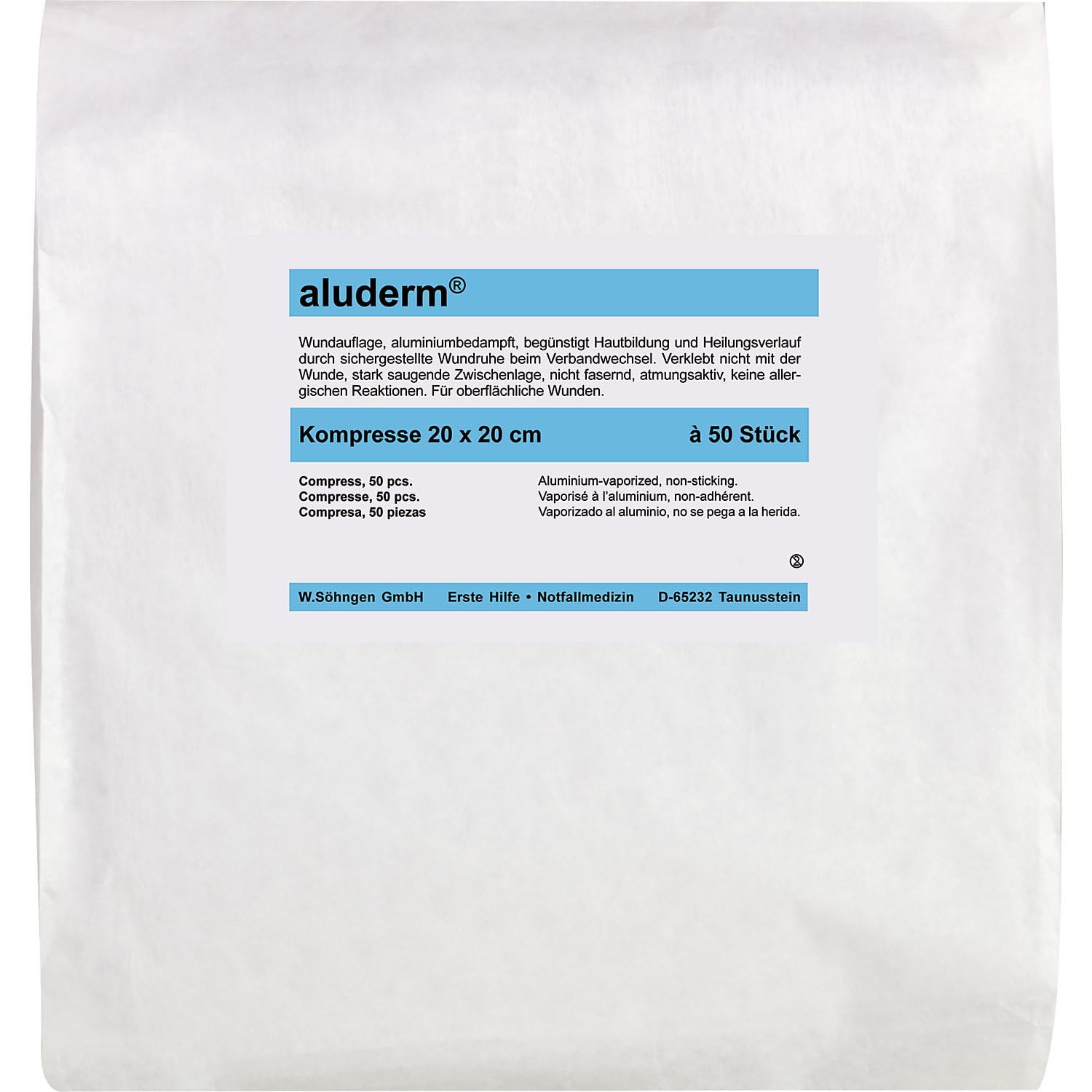 kaiserkraft | aluderm®-Kompresse | Steril verpackt, VE 50 Stk, LxB 200 x 200 mm