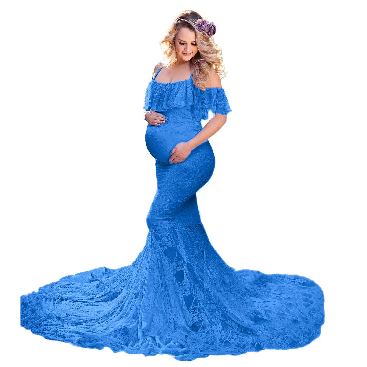 MYRISAM Kobiety macierzyńska koronkowa sukienka z odsłoniętymi ramionami falbanka wąska dopasowana sesja zdjęciowa wesele bal studniówka sukienka na baby shower, Głęboki błękit, M
