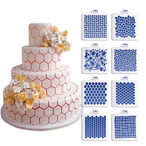 ART Kitchenware New 8pcs/set Wedding Cake Decorating Stencil Honeycomb Grain,Stone Grain Plastic Template Design Fondant Cake Cookies Stencil ST-830 Beige/Semi-Transparent