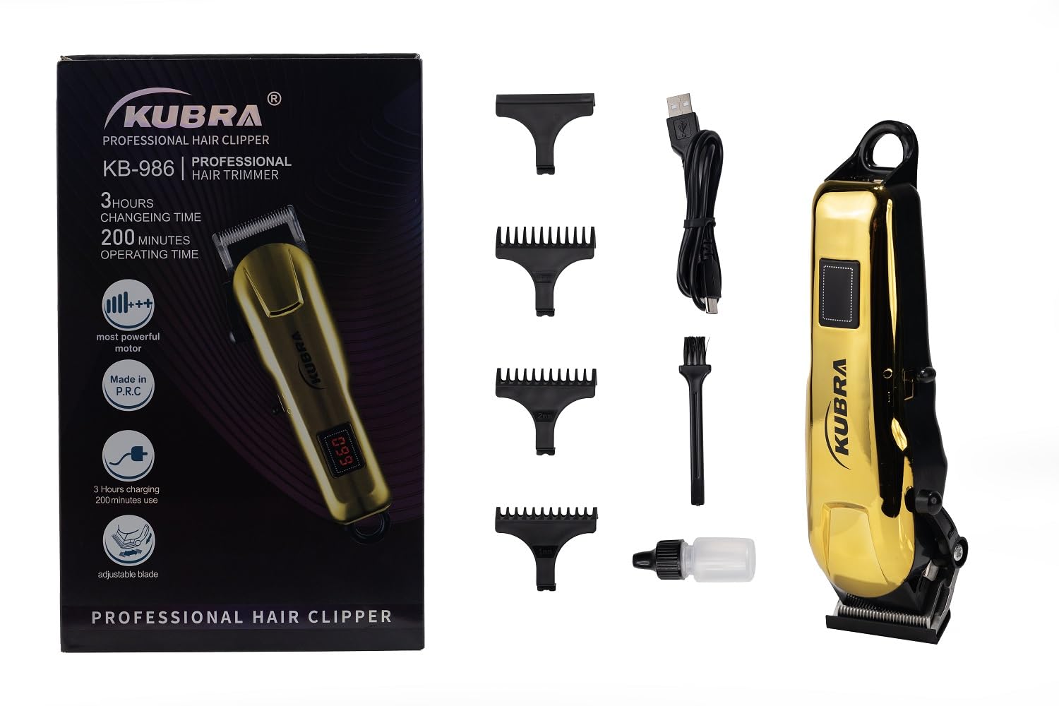Kubra Kb - 986 Professional Battery Powered Hair Clipper For Men - Golden | Beard & Body Trimmer | USB Fast Charging | Stainless Steel Self-Sharpening Blades