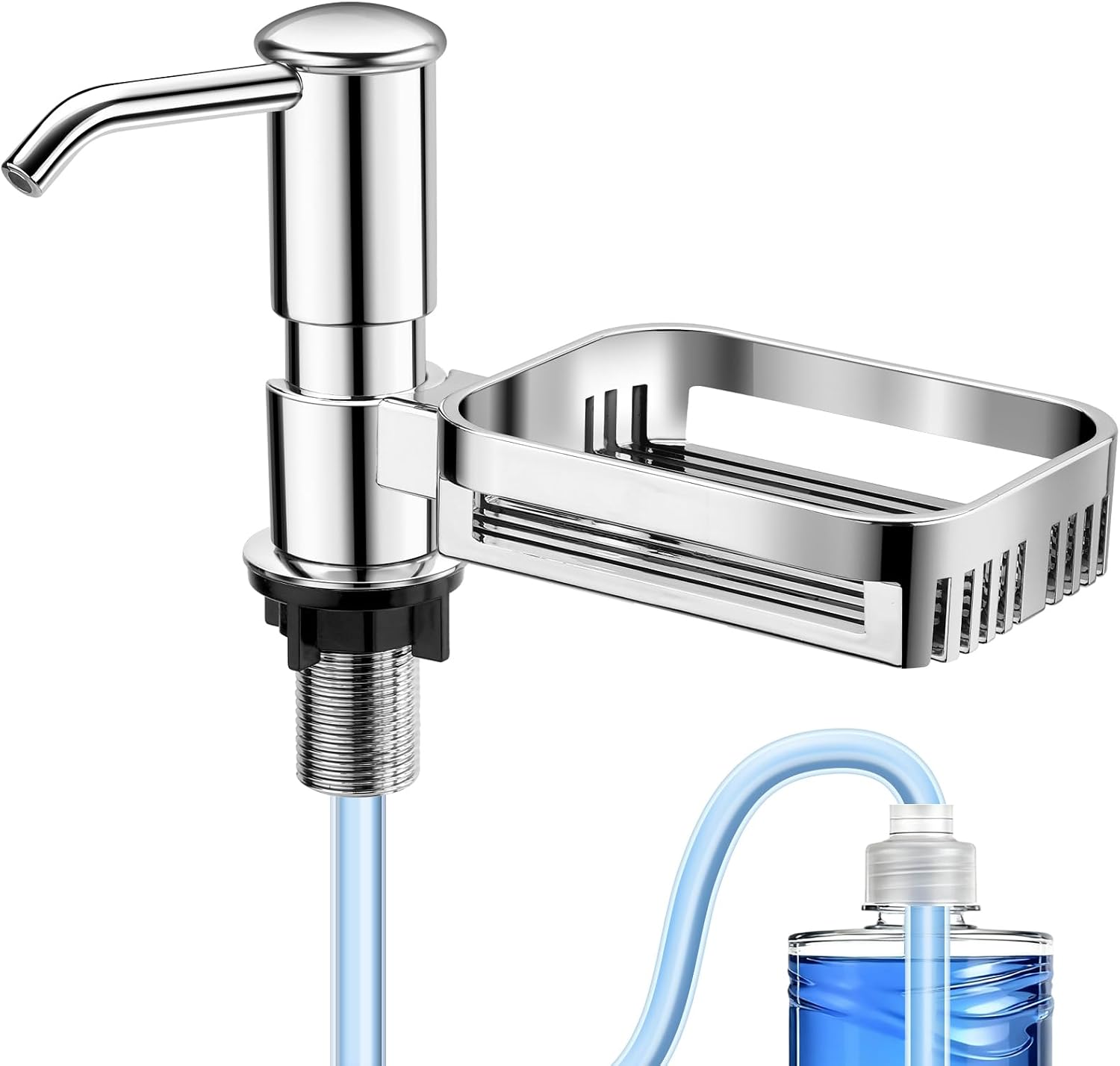 Kitchen Sink Soap Dispenser with 40" Extension Tube – Built-in Sponge Holder, Leak-Proof ABS Pump, No Messy Refills, Under-Sink Bottle Connection Kit for Dish Soap, Hand Soap & Lotion (Brushed Nickel)