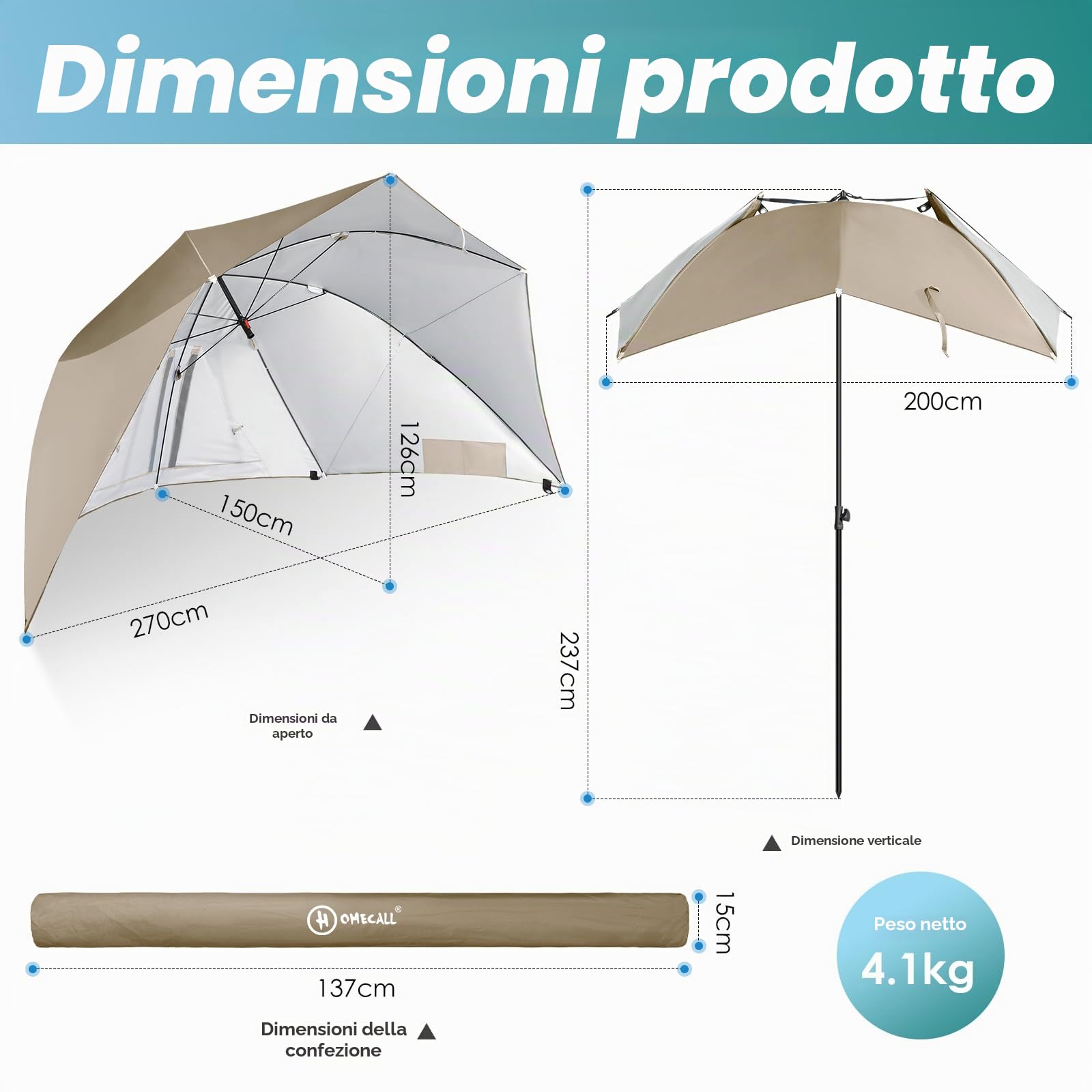HOMECALL Ombrellone da spiaggia con finestra, design paravento, poliestere resistente ai raggi UV, kaki